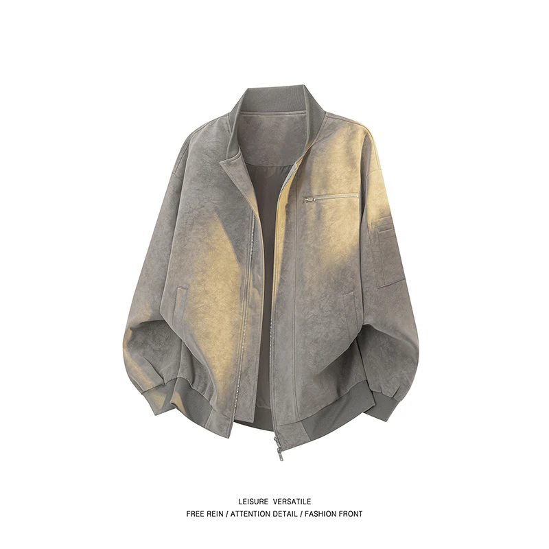 Spring Autumn Windproof Breathable Trendy Couple Baseball Jacket Fishing Casual Fashion Tie Dyeing Imitation Leather Jacket