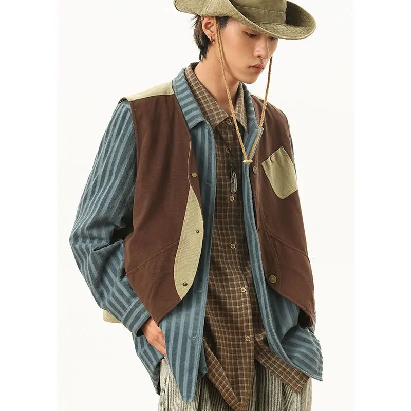 

Retro Color-Block Work Vest Men Versatile Loose Sleeveless Vest