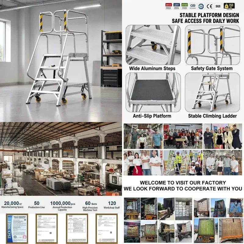 Heavy Duty 4 Step Aluminum Platform Ladder with Retractable Roller System for Warehouse Factory Industrial Exterior Staircase