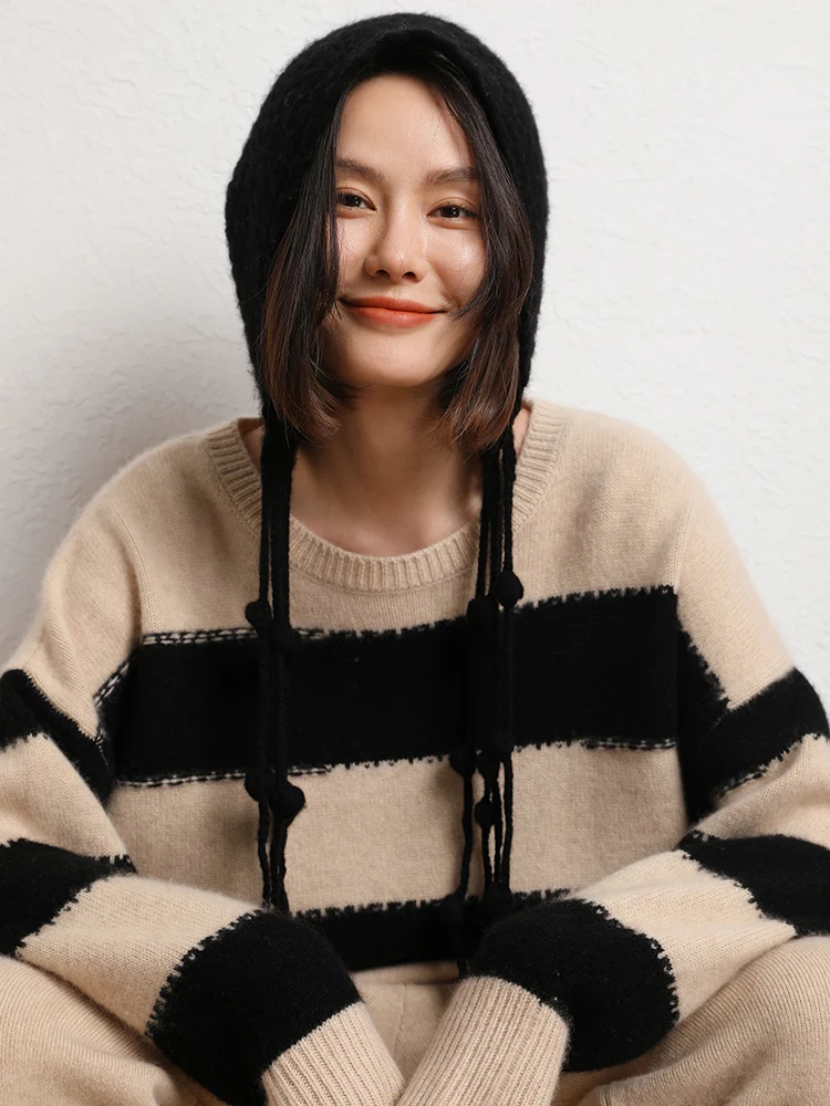 TLOML جديد المرأة 100% سترة الكشمير المعنقة مخطط س الرقبة البلوز الخريف الشتاء سميكة لينة الدافئة الكشمير تريكو جودة عالية