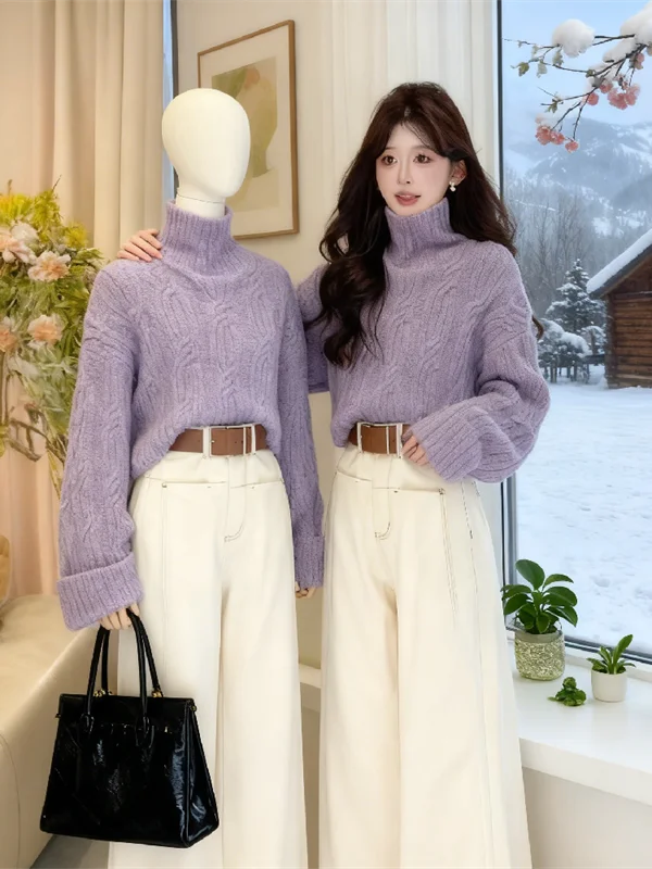 

Purple Thickened Soft Knitted Sweater High Collar Winter Outerwear Inner Wear Twist Yarn Sweet Style Loose Fit Long Sleeve Top