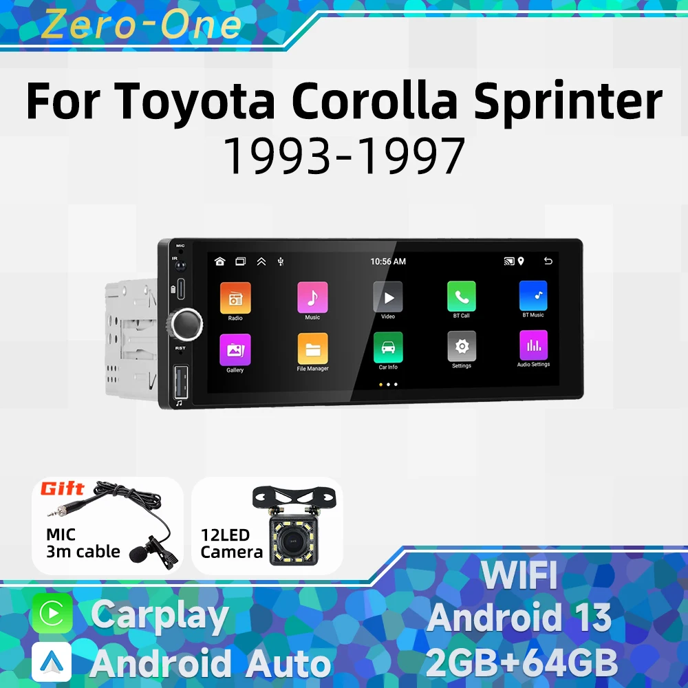 Carplay Android Auto 1 Din Radio Android Car الوسائط المتعددة لسيارة Toyota Corolla Sprinter 1993-1997 6.86 "شاشة وحدة رأس ستيريو
