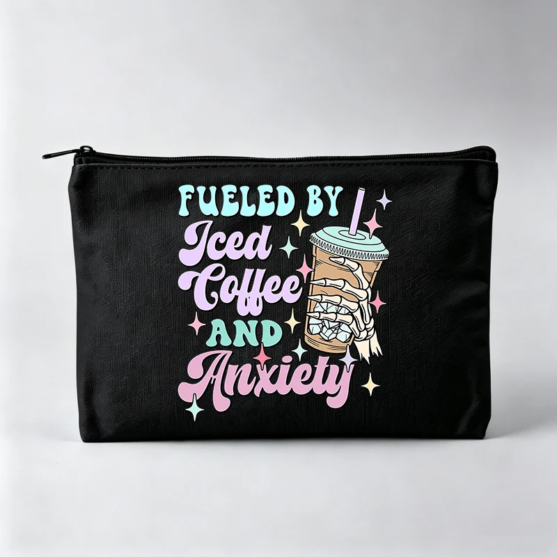Skeleton Hand Iced Coffee Slogan Print Makeup Bag, Gothic Style Cosmetic Pouch for Daily Use