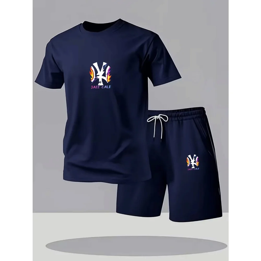 Men's Fashion Street Short Sleeve Set Men's Sports Shirt Set Men's Round Neck Short Sleeve Shorts Sports Set 2-piece Set