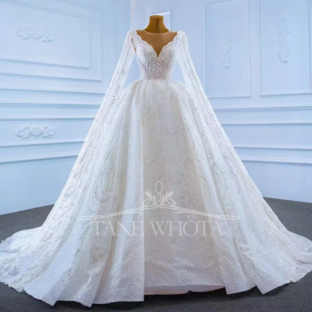 Vestido Casamento 2025 Белые свадебные платья с круглым вырезом и длинными рукавами на шнуровке сзади, расшитые бисером и блестками по индивидуальному заказу