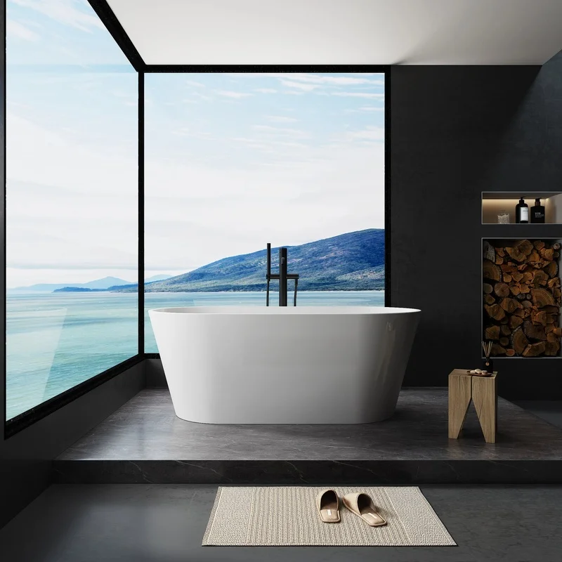 Glossy White Freestanding Acrylic Soaking Bathtub with Chrome Drain and Overflow