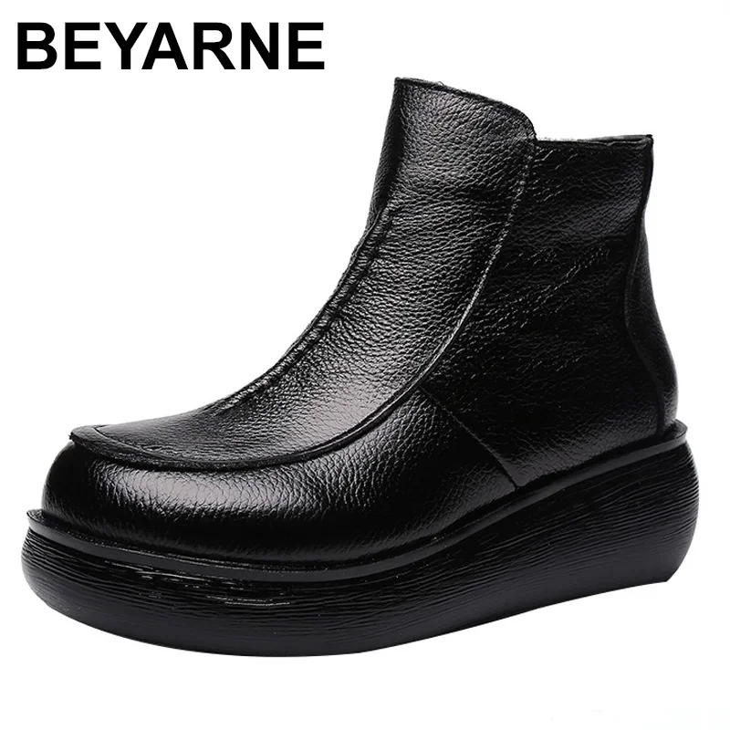 2024 New Genuine Leather Winter Boots for Women Flat Shoes Ladies Snow Boots Womens Flat Keep Warm Platform Work Shoes