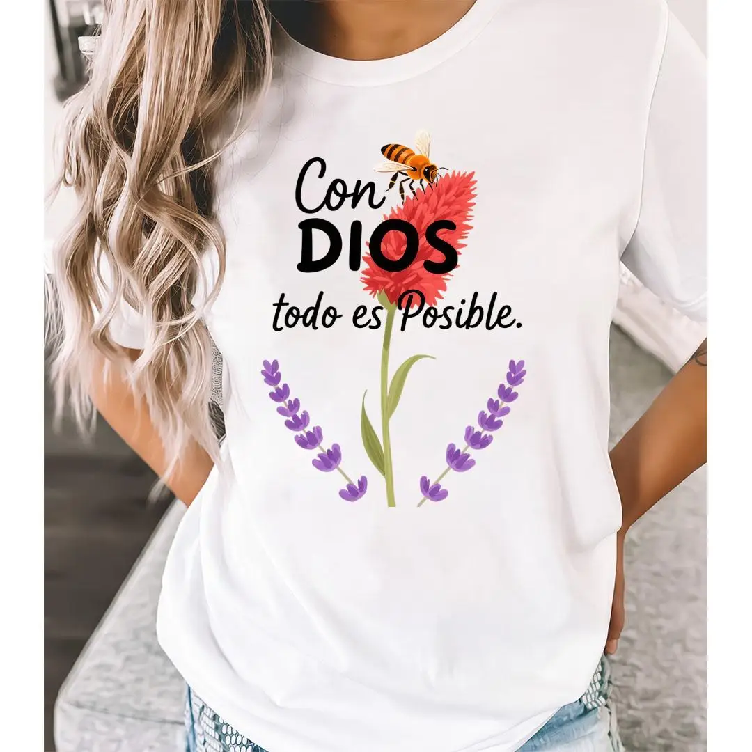 

"Con Dios Todo Es Posible" T-Shirt Spanish Christian Religious Graphic Tee Faith Hope Slogan Top Gift for Women