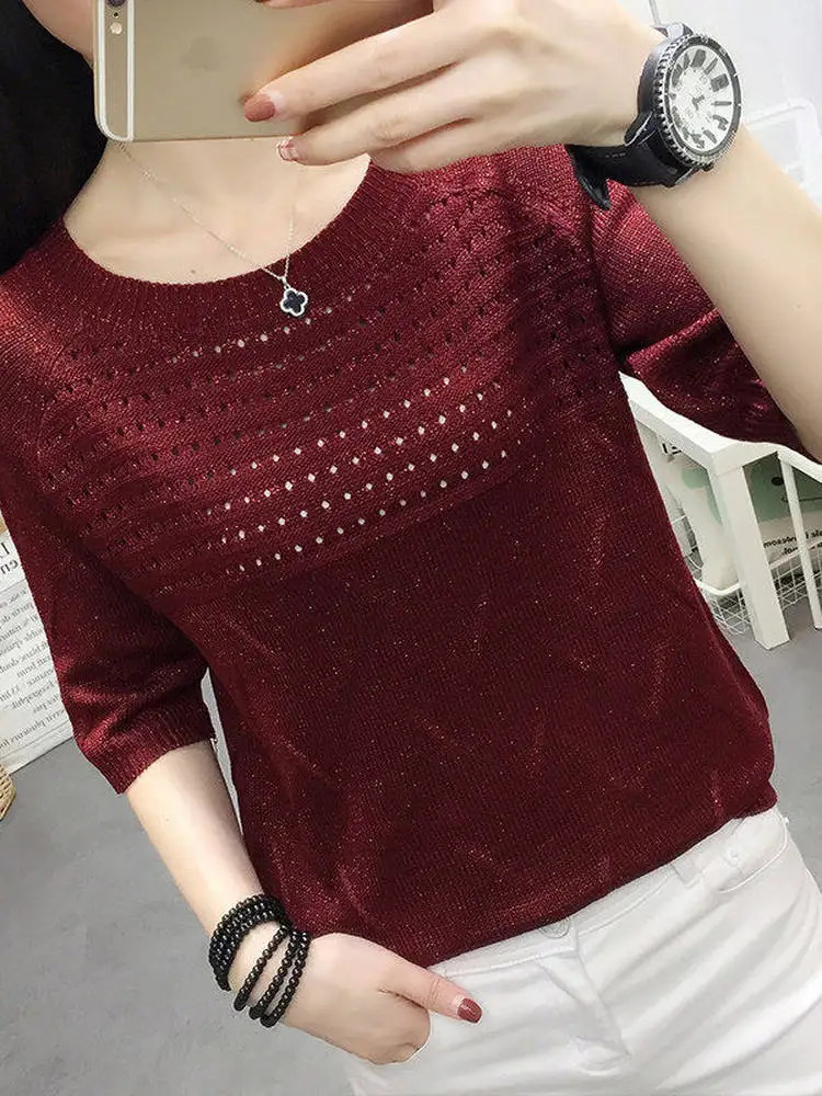 Summer Ice Silk Knitted T-Shirt Women's Base Shirt Loose Hollow out Short Sleeve round Neck Top Korean Style Commute Fashion