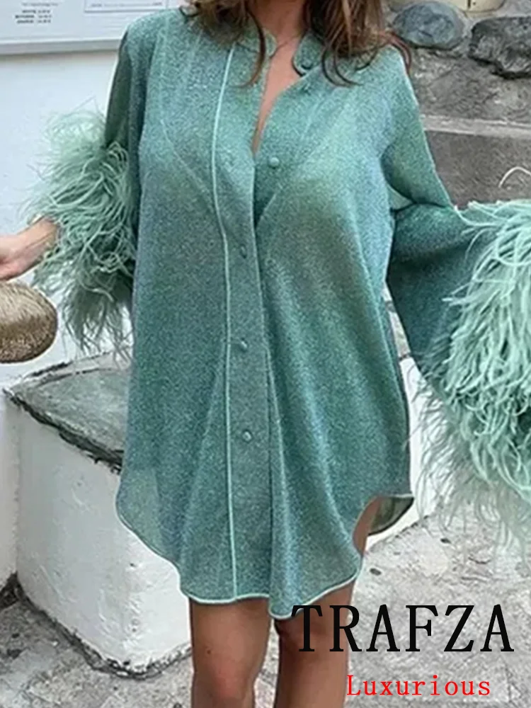 TRAFZA Vintage Casual Chic damska bluzka jednolita, długa rękaw z piórami O-Neck jednorzędowa bluzka moda 2024 jesienne koszule