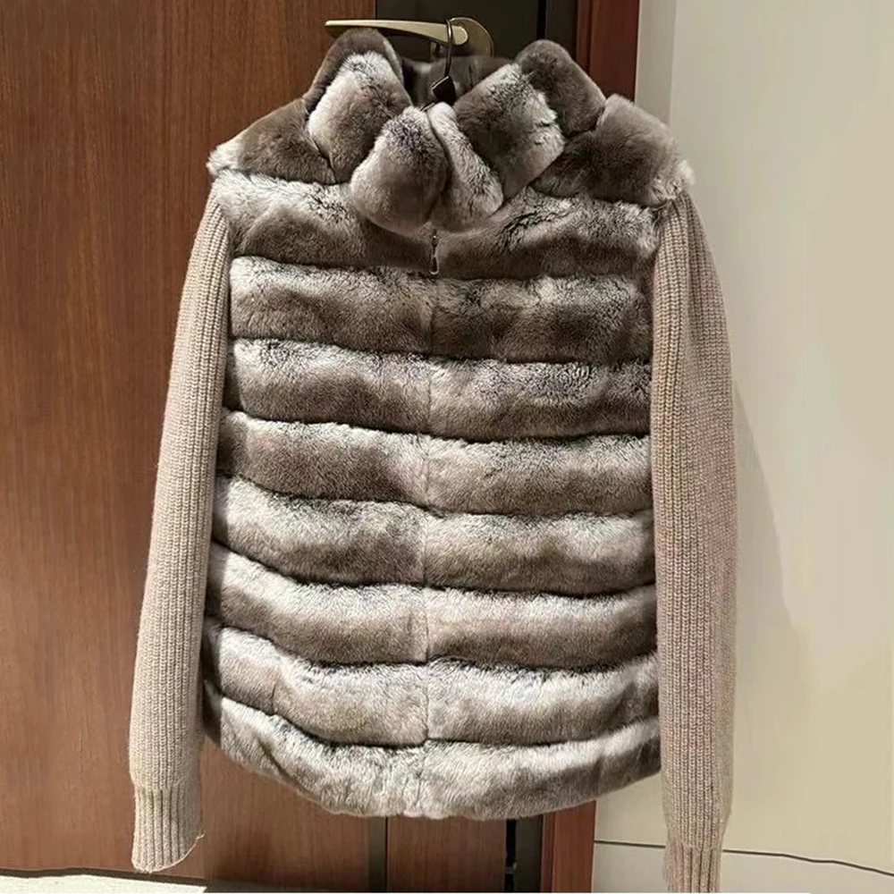 Jxwatcher Real Rex Fur Coat 2025 Spring Fashion Wool Coat Patchwork Knit Sleeves Ladies Stand Collar Fur Jacket Fall New Arrival
