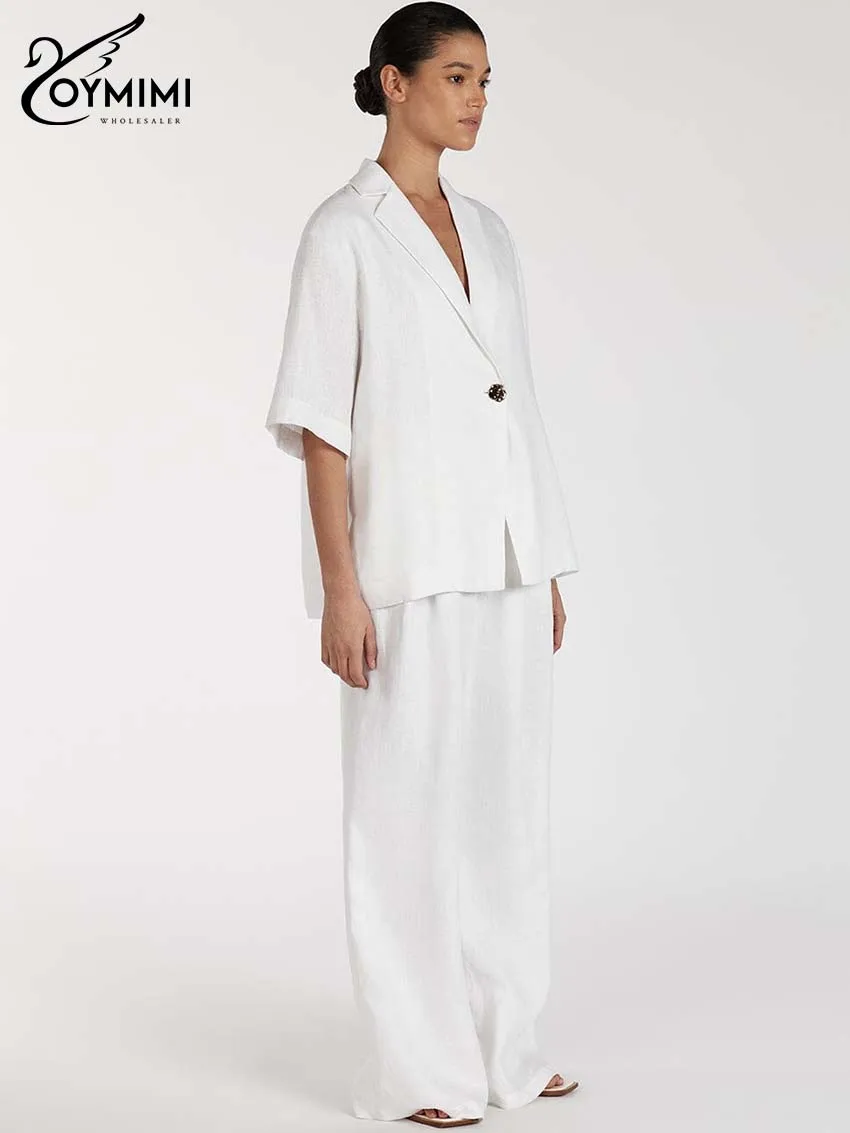 

Oymimi Fashion White Cotton 2 Piece Sets Woman Outfit Elegant Half Sleeve Single Button Shirts + High Waist Pockets Trousers Set
