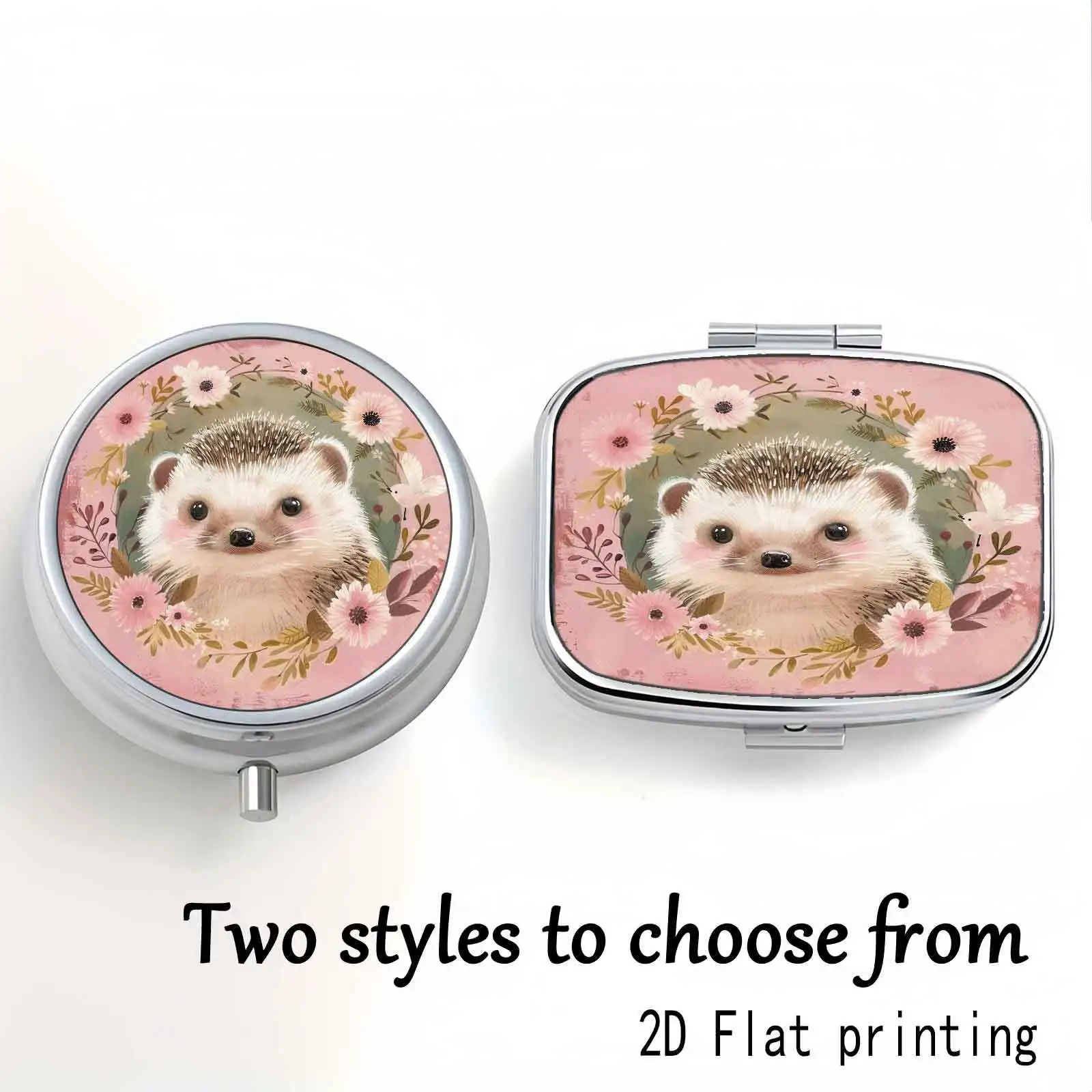 Hedgehog Floral Pattern Square and Round Small Medicine Box, Portable Medicine Storage, Small Jewelry Storage, Suitable for Handbags or Travel, Holiday Gifts, Souvenirs, Prizes, Small Gifts