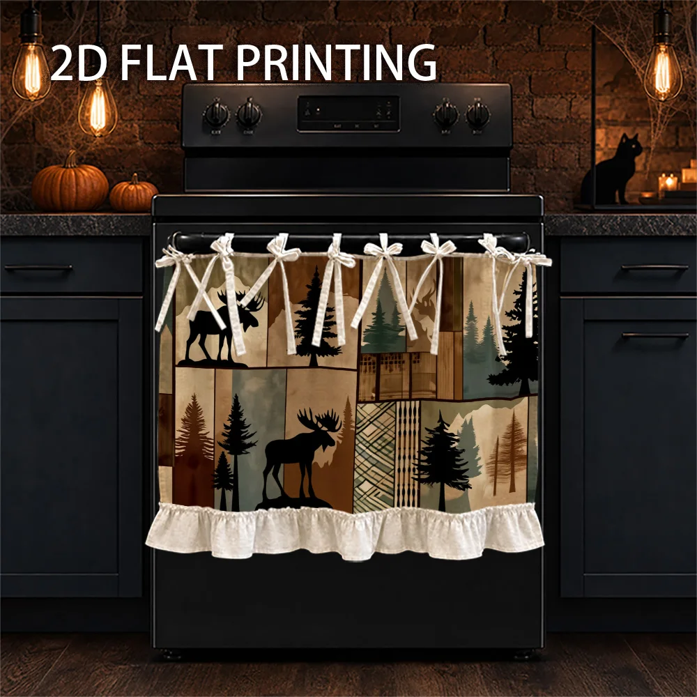 1PC kitchen stove curtain, cabinet curtain and apron. Featuring a 2D graphic design with rustic woodland, moose and pine prints.