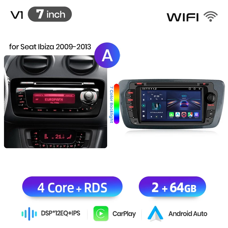 Junsun Android 16 Wireless CarPlay Android Auto Autoradio für Seat Ibiza 6J 2008 2009 2010 2011 2012 2013 GPS-Navigation Multimedia-Player 7 Zoll IPS-Touchscreen Stereo Bluetooth DSP FM RDS SWC 5G
