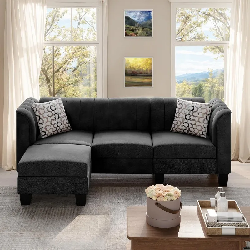 Sofa Sofa kursi dapat diupgrade, Sofa kecil 3 tempat duduk bentuk L dengan sandaran lengan tinggi bahan Linen, Sofa setengah abad