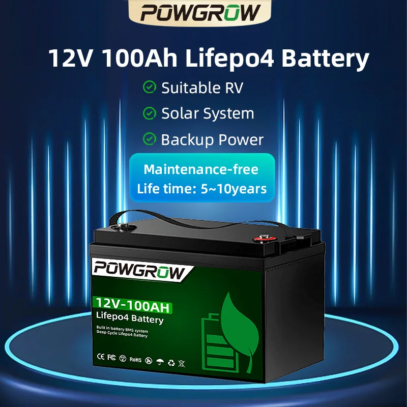 Image of POWGROW 12V 100AH LiFePO4 Batterie 100% Nutzbar mit A-Klasse EVE/Great Power Zellen Lithium-Eisen-Solarspeicherbatterie Ohne Mehrwertsteuer