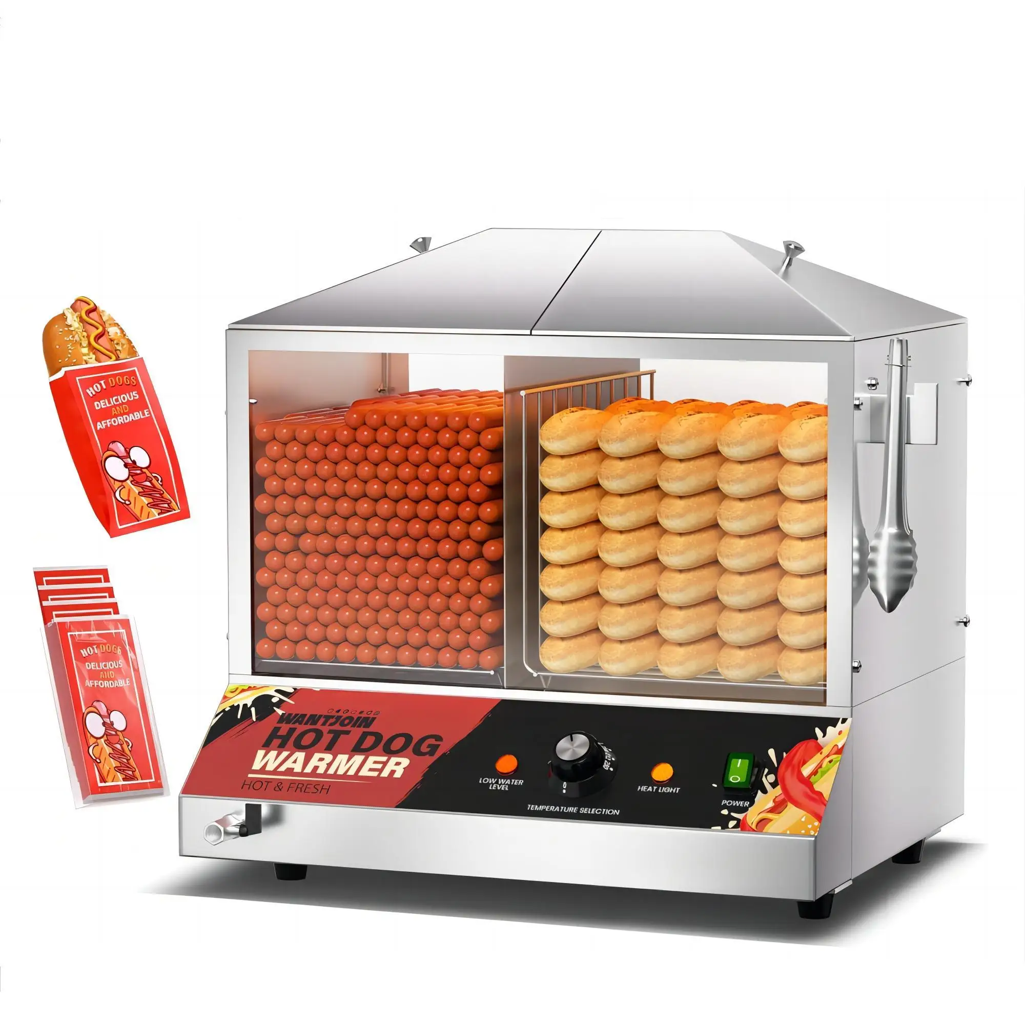 

Hot Dog Steamer Machine, 38QT Electric Hot Dog Steamer with Bun Warmer, Stainless Steel Hot Dog Cabinet with Tempered Glass