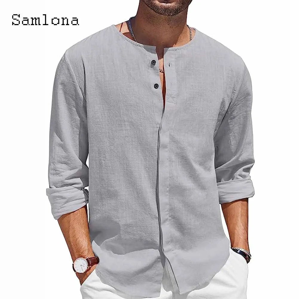 Men Collarless Linen Shirts Clothing 2023 Single Breasted Tops Solid Blue Simple Beach Shirt Mens Long Sleeves Casual Blouse