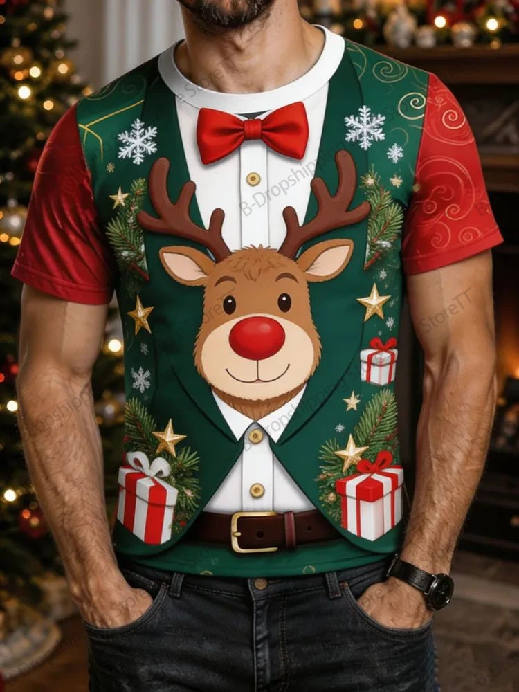 2027 Cartoon Christmas Reindeer Elk 3D Print T-shirt Men Women Fashion Short Sleeve Tops Tees Kids Clothing Santa Claus Costume