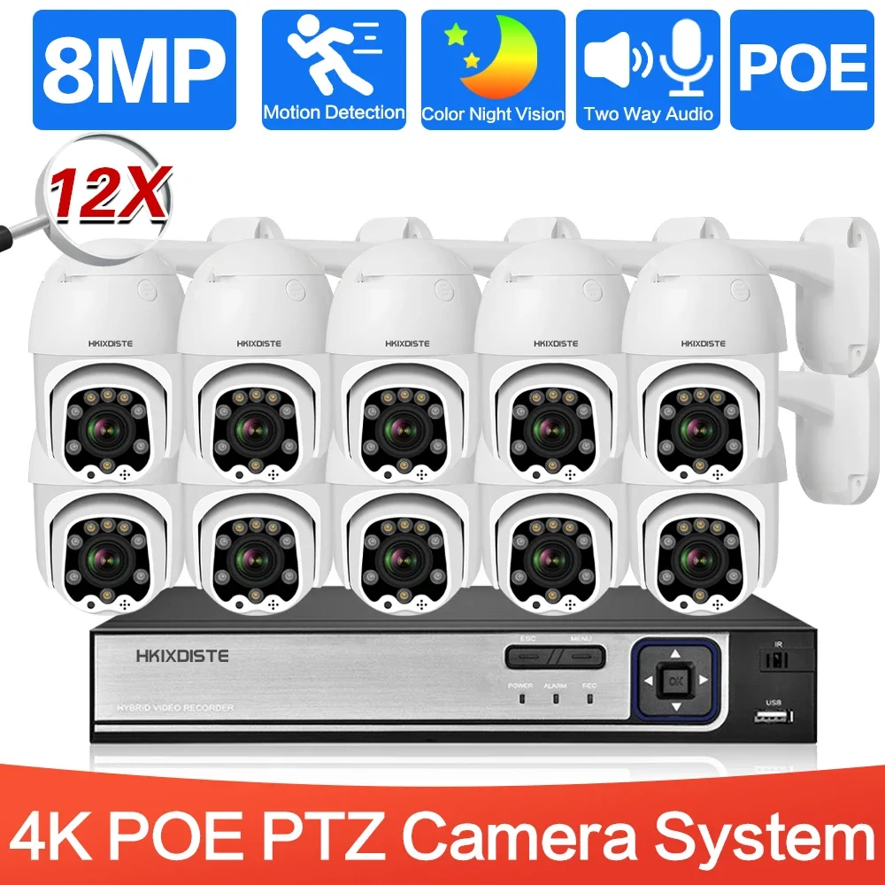 

​10CH NVR Kit 4K PTZ 12X PTZ Zoom Camera System 8CH 8MP Ai Human Detect Color Night Two Way Audio Security IP Camera POE Kit