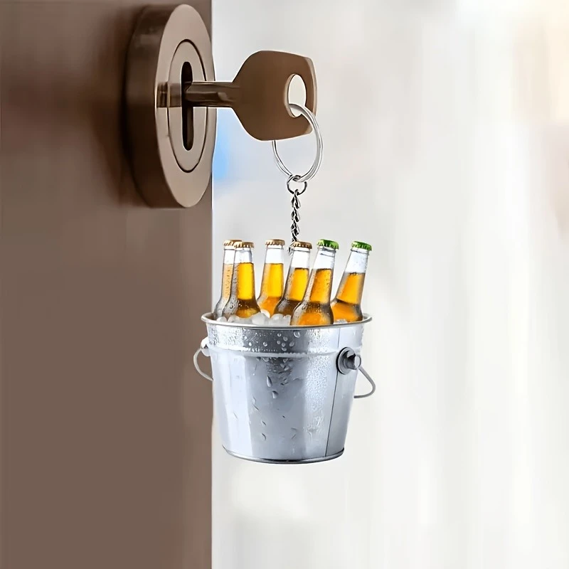 2Pcs 2D Flat Acrylic Beer Bucket Keychain Ice Bucket Beer Bottle Print Key Ring Creative Car Bag Pendant Bar Party Decor Gift