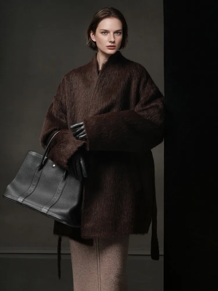 Ladies Fashion Winter V Neck Belt Alpaca Wool Coat Single Breasted Jacket Warm Windproof Female Wide Waisted Office Outerwear