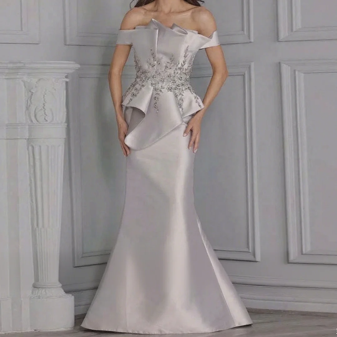 

Latest Off Shoulder Satin Groom of the Bridal Dress Women Elegant Mermaid Guest Wedding Dresses Sleeveless Maxi Gowns Customized