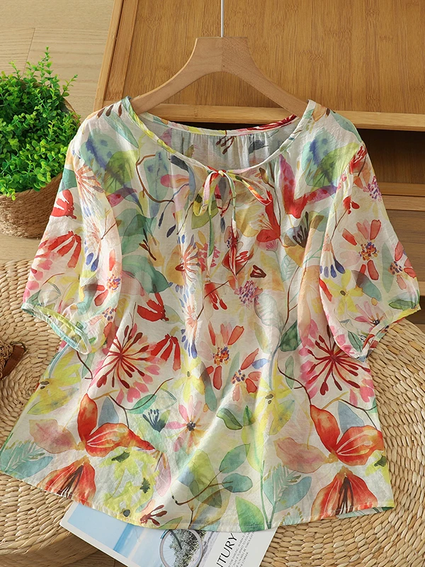 Breathable Loose Short Sleeve T-Shirt Women's Cotton Polyester Blend Silk Simulation Creative Print Casual Shirt Top