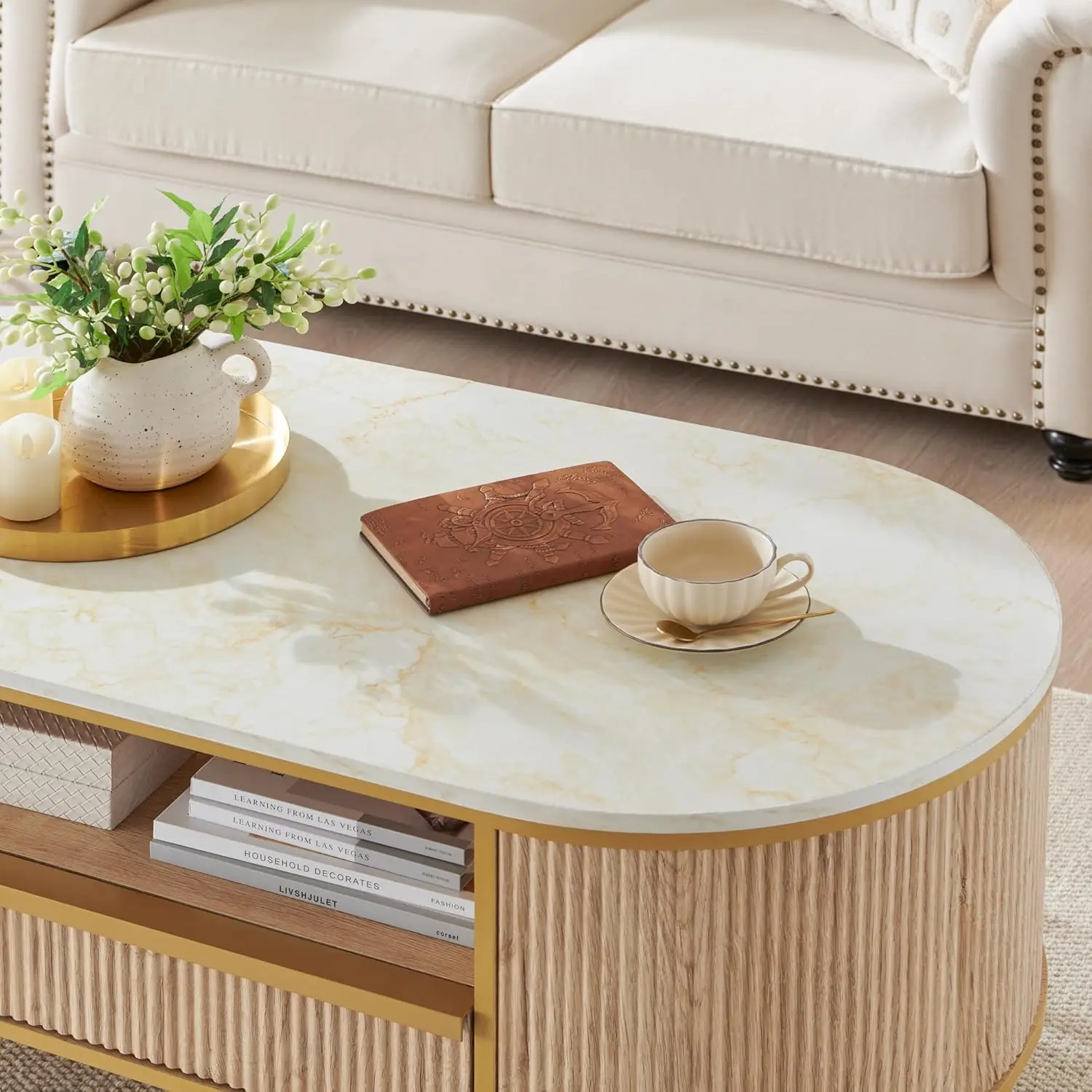 โมเดิร์นหรูหราร่องโต๊ะกาแฟ,48 "รูปไข่กาแฟตารางลิ้นชัก,Faux Marble Top,โต๊ะกลางสําหรับห้องนั่งเล่นไม้โอ๊คธรรมชาติ