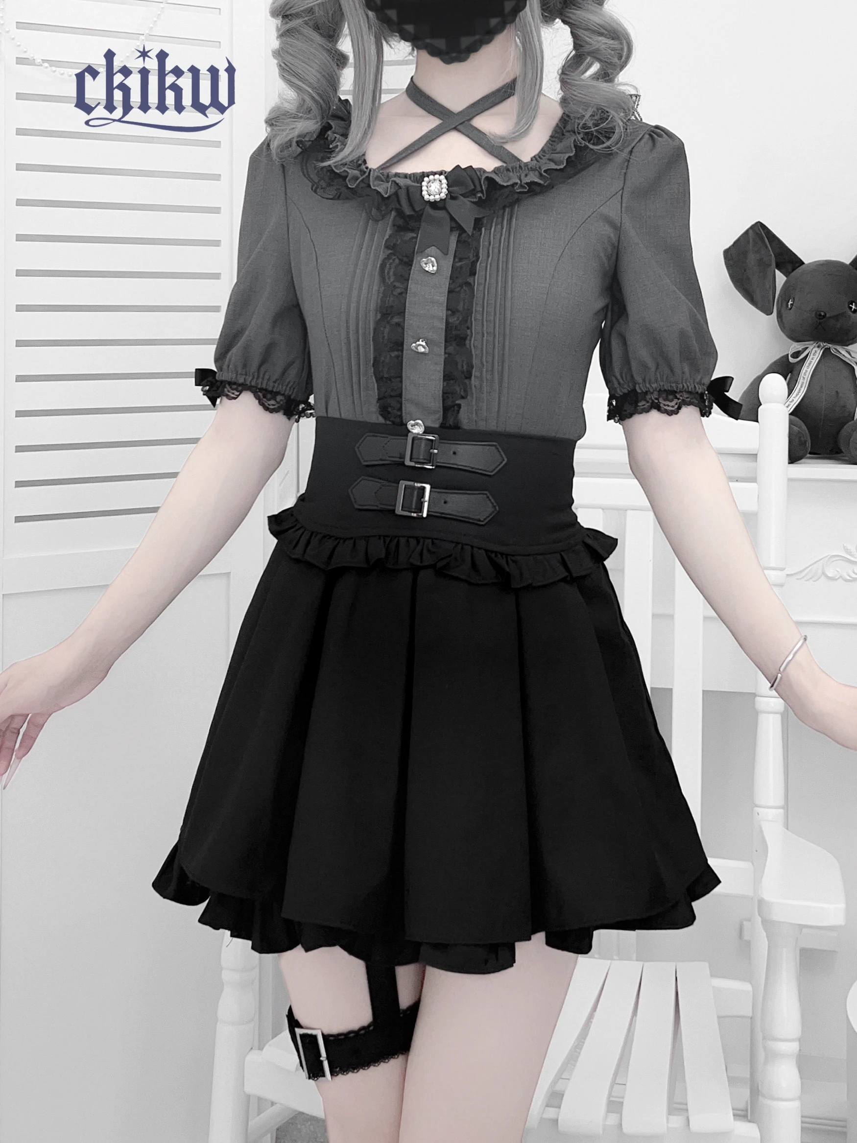 Mine Mass-Produced Cross-Strap Lace Halter Square Collar Shirt Japan Style Girl Subculture Short-Sleeve Top High-Waisted Skirt