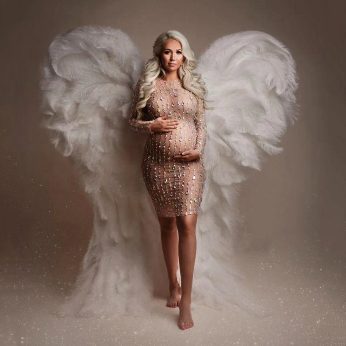 See Through Shining Rhinestone Tulle Maternity Dress For Photography Stretchy Crystals Pregnant Woman Photoshoot Dress