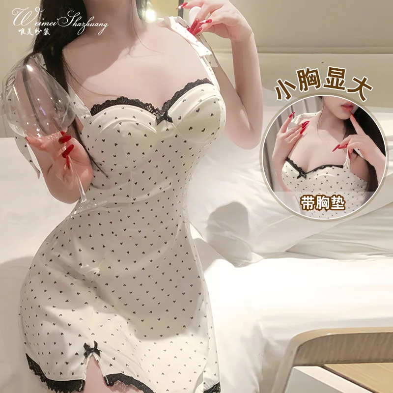 Sexy bow polka dot slim fit French sweet camisole nightgown small chest and large backless camisole, sleepwear for women at home