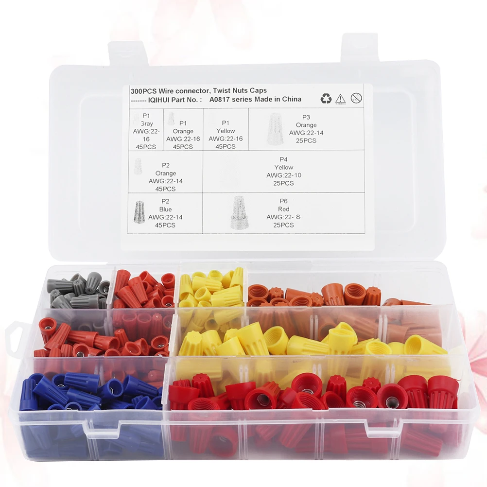 

300pcs Wire Connector Set Electrical Screw Terminal Spring Insert Nuts Cap Insulated PVC Home Wiring Multi Gauge Size