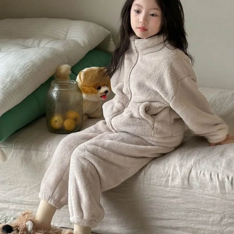 

Детские зимние пижамы в корейском стиле, комплекты на молнии, плотный коралловый флис, термобелье для сна, теплый носимый пижамный костюм на молнии