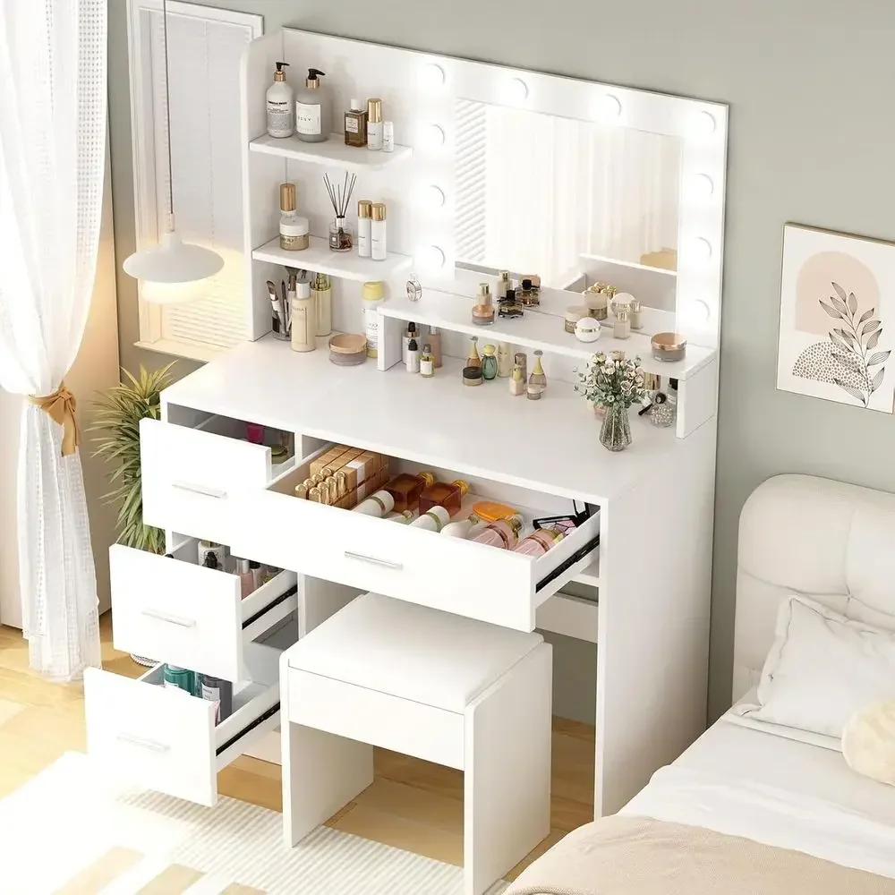 Makeup Vanity Desk with Mirror, 3-Color LED Lights, Large Storage Drawer, Suitable for Bedroom or Dressing Room, White