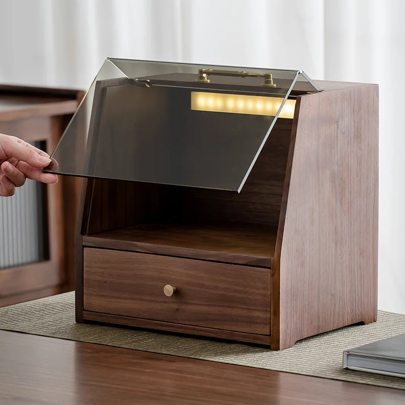 北米産ブラックウォールナット製ティーセット棚、ジュエリー・化粧品収納ボックス、透明防塵無垢材デスクトップ整理ボックス