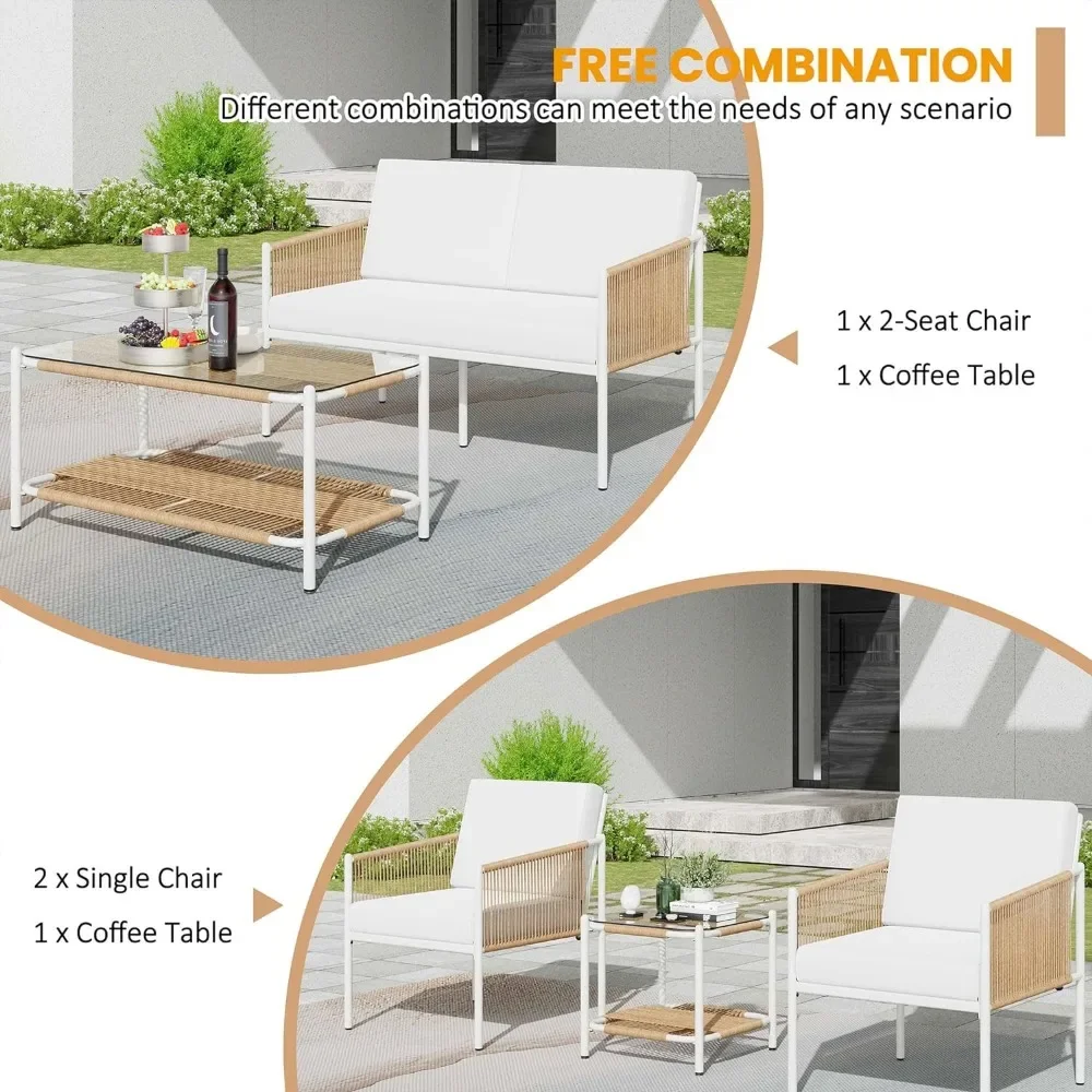 5-delige Rieten Tuinmeubelset Voor Buiten, Metalen Sofa-Conversatieset, Inclusief Loveseat, 2 Enkele Stoelen En 2 Koffietafels