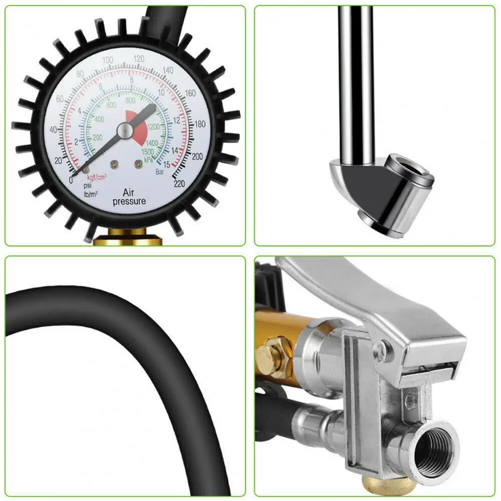 Wear-resistant Thickened Hose Dual Scale Tyre Pressure Gauge, 220PSI High Precision Stable Manual Air Meter for Car
