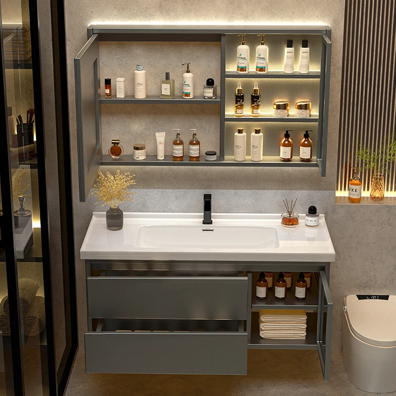 

Washbasin Solid Wood Bathroom Cabinets Vintage Toilet Grey Vanity Bathroom Cabinets Storage Mirror Meuble Toilette Furniture