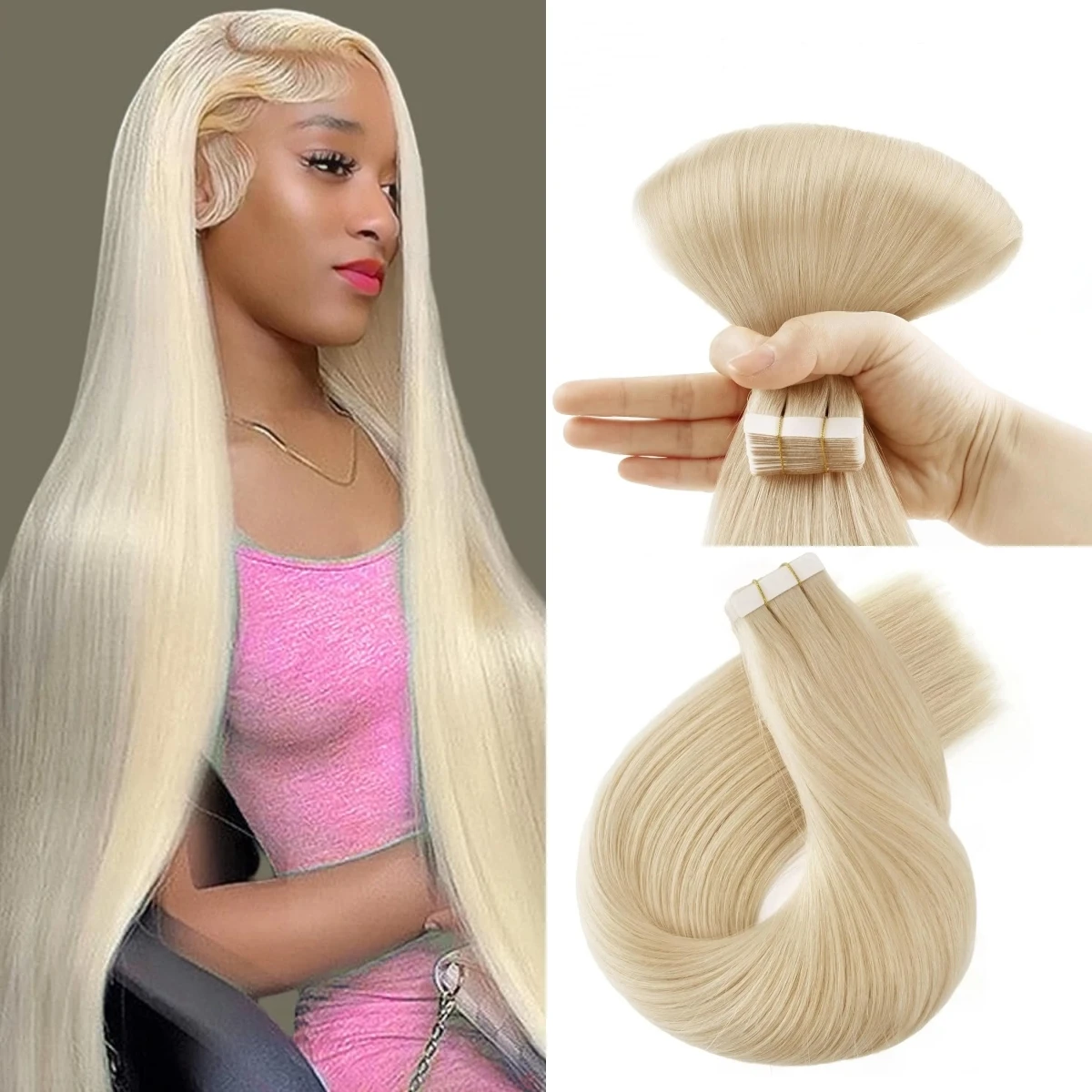 Braziliaanse Remy 100% Menselijk Haar Tape In Hair Extensions Blond # 613 rechte PU naadloze huidinslagtape in 16-26 inch 20 P/40 P/60 P