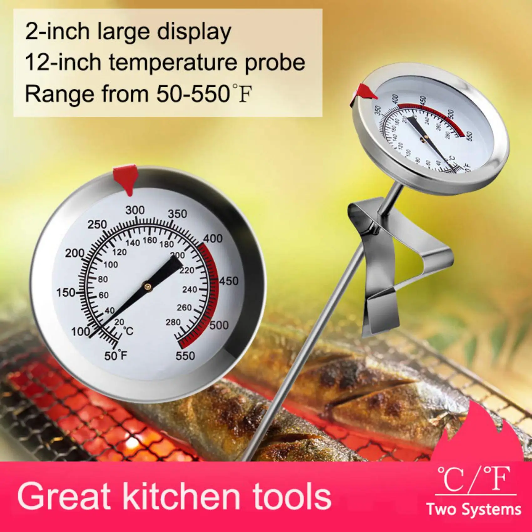 A84X-2Pcs 12 Inch Mechanical Meat Thermometer Instant Read, Long Stem, Waterproof, No Battery Required, Stainless Steel