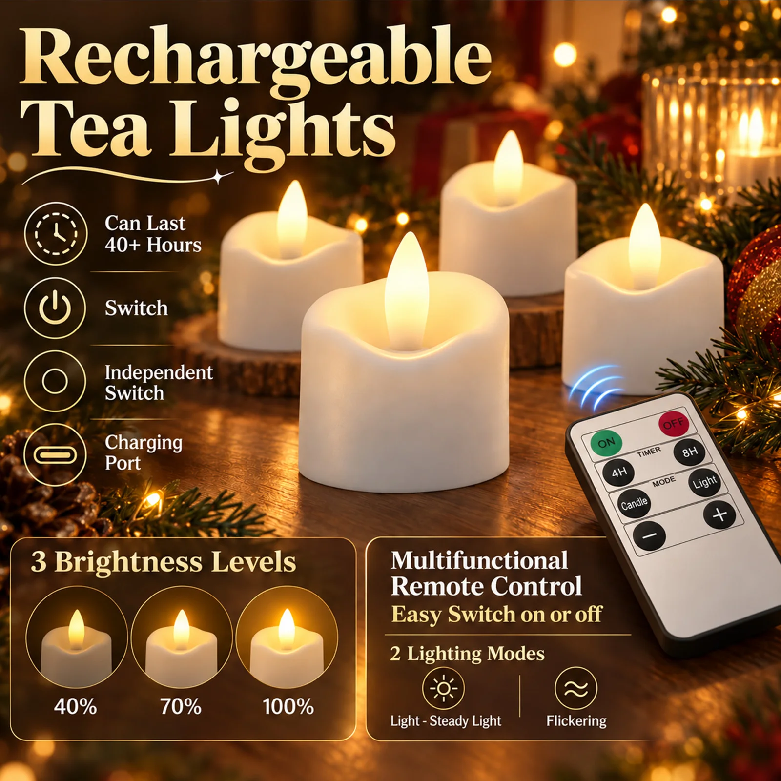 Rechargeable LED Tea Lights with Charging Station, Remote Timer Flameless Candles, Flickering Fake Tealight for Party Home Decor