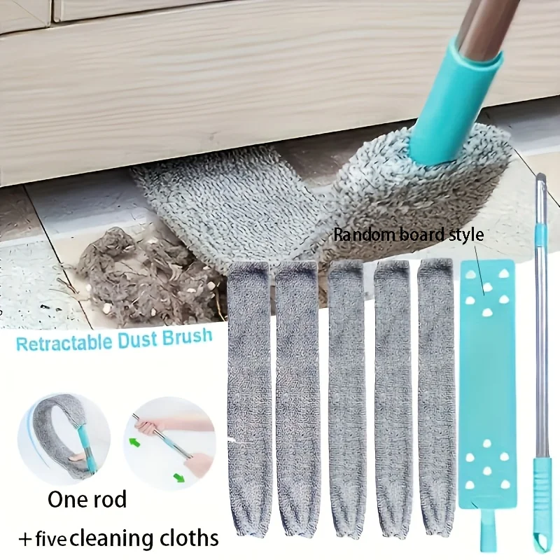 

6-piece Dusting Set with A Telescopic Handle, A Flat-head Attachment and 5 Replaceable Cloths – Ideal for Cleaning Under Beds