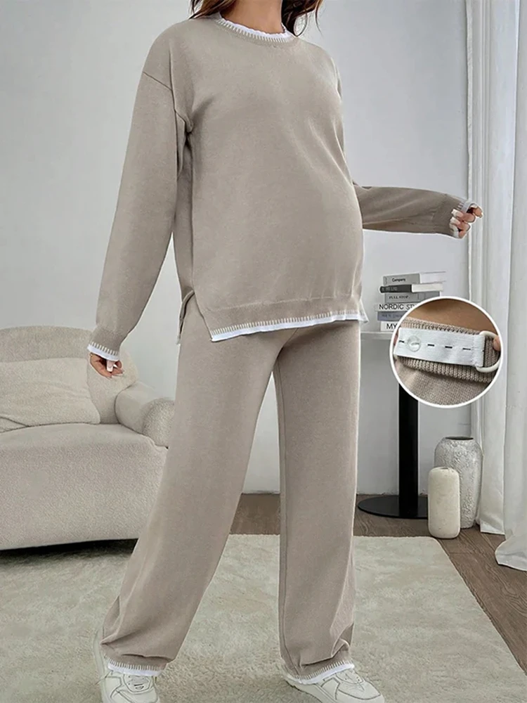 Maternity Photo Props Pregnancy Photoshoot Outfit Khaki Knit Sweater Pants Set Loose Fit Maternity Loungewear for Women