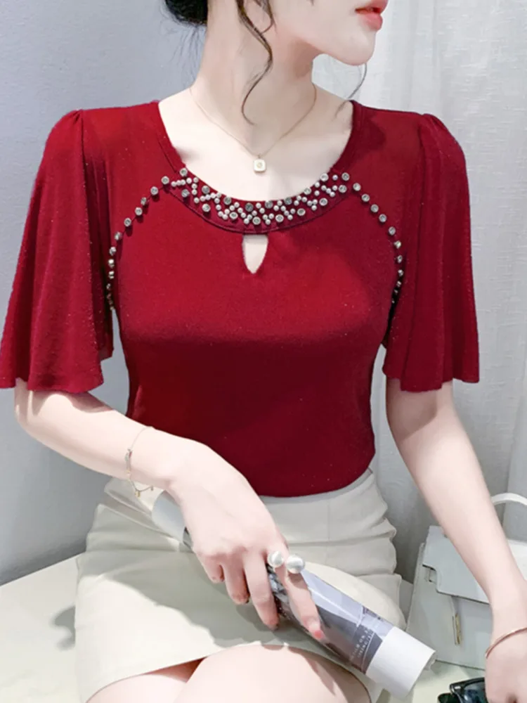 #7241 Black Red Purple Stretch Mesh Short T Shirt Women Round Neck Diamonds Thin Sexy Skinny Tshirt Female Ruffles Sleeve Summer