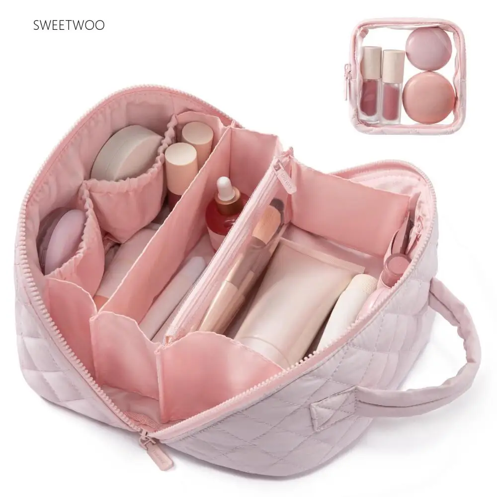 Large-Capacity Quilted Travel Toiletry Organizer Bag, Partition-Designed Portable Cosmetic Storage Pouch with Top Handle