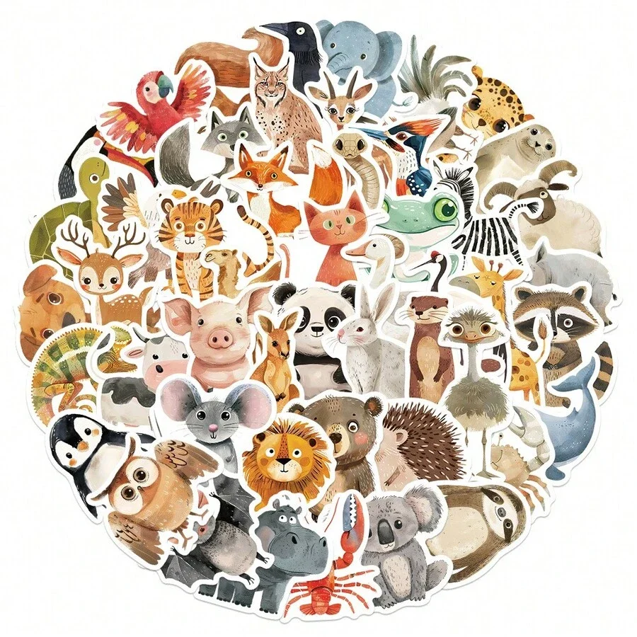 50Pcs Kawaii 스티커 만화 동물 스티커 귀여운 수채화 동물 스티커 동물원 스티커 미적