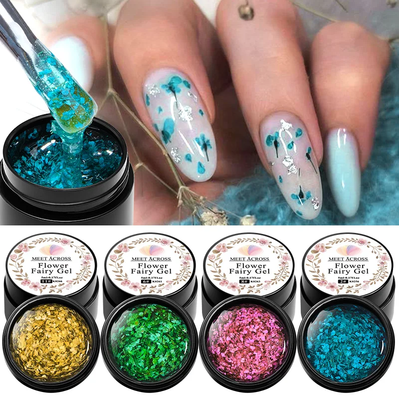 MEET ACROSS 5ml Dried Flower Gel Nail Polish Natural Flower Fairy Nail Art UV Gel Soak Off UV LED Painting Varnishes For Nails