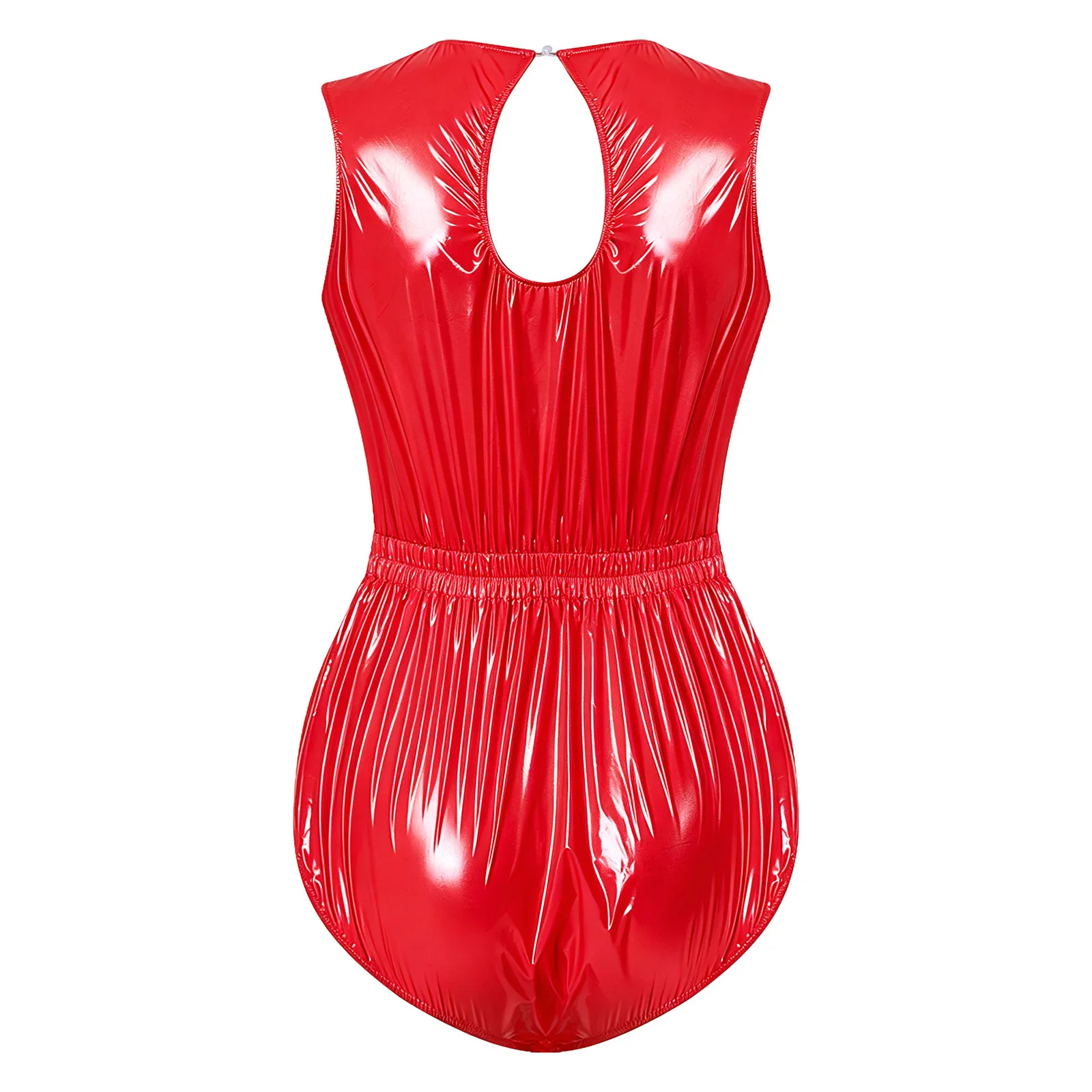 Women Vinyl Waterproof Bodysuit Sleeveless Back Keyhole Front Pocket Elastic Waist Button Crotch Leotard Diaper Cover Playsuits